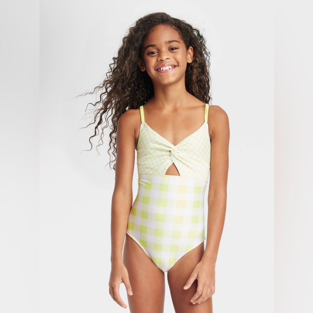 Girls Med Size 7-8 One Piece Light Green Plaid Swimsuit Twist Open Key Hole Top